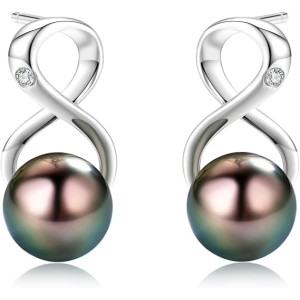 Infinity Earrings AAA Top Grade Genuine Tahitian Black Pearl 8-9mm 18K Gold Plated 925 Sterling Silver – Birthday Anniversary Jewelry Gifts for Women (18K White Gold)