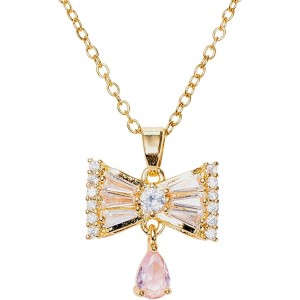 Gold Plated Stainless Steel Ribbon Necklace for Women, Dainty Bow Pendant with 14 Cubic Zirconia, Sparkling Drop Stone, Hypoallergenic, Tarnish-Resistant, Gift Box Included