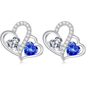 Iefil Birthstone Earrings - 925 Sterling Silver Double Heart Birthstone Earrings | Anniversary & Birthday Gifts for Women | Personalized Jewelry Gifts for Wife, Mom, Her